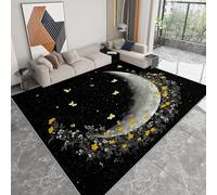 Antidérapante Tapis de Salon Chambre - Salon Super Doux Salle à Manger Faux Tapis en Laine, Motif Étoiles Lune Ciel étoilé Vue Nocturne Rug Décoratif Résistant Lavable Noir 160 x 230cm