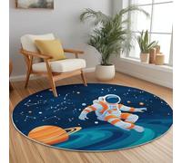 Antidérapante Tapis Rond 100 cm Pas Facile à Décolorer, Dessin Animé Astronaute Planète Thème Flanelle Douce Lavable Bleu Foncé Tapis Rond, pour Salon Canapé Salle de Bain Chambre d'enfants