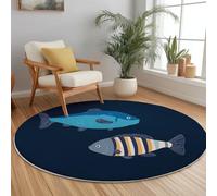 Antidérapante Tapis Rond 100 cm Pas Facile à Décolorer, Simple Dessin Animé Poisson Thème Flanelle Douce Lavable Bleu Foncé Tapis Rond, pour Salon Canapé Salle de Bain Chambre d'enfants