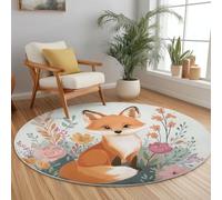 Antidérapante Tapis Rond 150 cm Pas Facile à Décolorer, Dessin Animé Mignon Renard Thème Flanelle Douce Lavable Brun Clair Tapis Rond, pour Salon Canapé Salle de Bain Chambre d'enfants