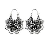 Antique Argent Gypsy Tribal Ethnique Hoop Dangle Mandala Boucles d'oreilles Fleur Creuse Boho élégant et Populaire