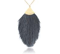 Antique Bohemian Silky Thread Fan Tassel Statement Necklace - Vintage Gold Feather Shape Strand Fringe Lightweight Long Chain (Feather Fringe - Dark Gray)