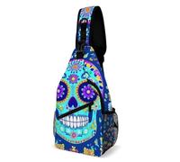 Antivol Sacoche Porté épaule Fleurs du Jour des Morts Crânes en Sucre Mexicains Sac De Poitrine Casual,Mode Sling Sac à Dos pour école Homme Femme