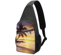 Antivol Sacoche Tactique Lever de soleil sur l'île tropicale des palmiers Sac De Poitrine Multifonction,Polyester Sac à Poitrine pour Randonnée Voyage Femme