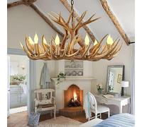 Antler Lustre Éclairage 9 Lumière, 12 Antlers Double Couche Grand Antler Luminaires, Cabane de Ferme Rustique Résine Faux Cerf Corne Lustres pour la Maison (9 Bras de Lampe en Bois
