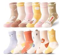 ANTSANG 12 Paires de Chaussettes à Adhérence pour Bébés Enfants Filles et Garçons, Chaussettes en Coton avec Grip Anti-Dérapant(Animal Drôle,22-24)