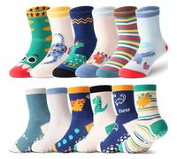 ANTSANG 12 Paires de Chaussettes à Adhérence pour Bébés Enfants Filles et Garçons, Chaussettes en Coton avec Grip Anti-Dérapant(Dinosaure,22-24)