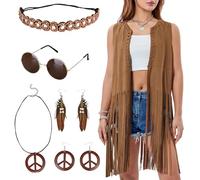 Antsparty Costumes Hippie Femme 60s 70s, Deguisement Hippie Gilet à Franges Sans Manches, Ensemble de costumes hippie des années 60 et 70 pour femmes Disco pour Carnaval Halloween