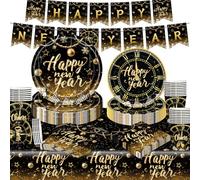 Antsparty Ensemble de décoration de réveillon du Nouvel An 2026 pour 24 invités, 98 pièces - Vaisselle de fête du Nouvel An avec assiettes en carton, gobelets en carton, serviettes, nappe, banderole