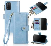 Antsturdy Étui portefeuille pour Samsung Galaxy A02S [blocage RFID] en cuir synthétique avec dragonne [fermeture Éclair, porte-cartes de crédit, fonction support, pour homme et femme, bleu ciel