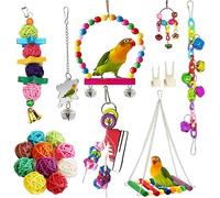 ANUBE Lot de 8 jouets pour perroquet en bois naturel à suspendre pour cage à oiseaux, hamac, balançoire, perchoir en bois, miroir à mâcher pour conures, oiseaux amoureux
