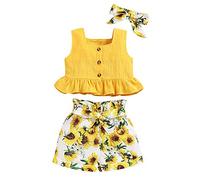 ANUFER 3 Pièces Fille Gamins Ensemble de Vêtements Brillante Jaune Tournesol Bébé Tenues Débardeurs + Pantalons Courts + Bandeau SN601C002 7-8 Ans