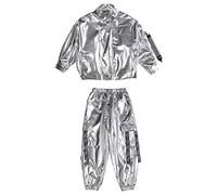 ANUFER Enfants Ensemble de Vêtements Hip-Hop Tenue de Danse de Rue Argentée Veste + Argentée Pantalon SN071176 Taille 160