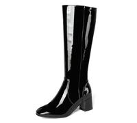 ANUFER Femmes Cuir Verni Haut du Genou Gogo Bottes Talon épais Fermeture éclair Latérale Disco Bottes Noir SD5A40730 EU40