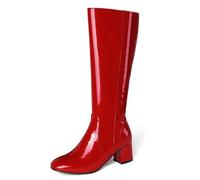 ANUFER Femmes Cuir Verni Haut du Genou Gogo Bottes Talon épais Fermeture éclair Latérale Disco Bottes Rouge SD5A40730 EU37