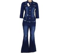 ANUFER Femmes Ensemble Denim Sexy Déchiré Veste Bodycon +Taille Haute Pantalon Jeans évasé pour Party Clubwear SD5A0724 Bleu XL