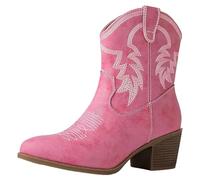 ANUFER Femmes Mi-mollet Bottes de Cow-boy Brodé Talon Bloc Fermeture éclair Latérale Chaussures Western SN079163D Rose EU41