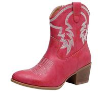 ANUFER Femmes Mi-mollet Bottes de Cow-boy Brodé Talon Bloc Fermeture éclair Latérale Chaussures Western SN079163D Rouge EU42