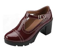 ANUFER Femmes Milieu Bloc Talon T-Sangle Brogues Escarpin Mary Janes Uniforme Bureau Chaussures Habillées Bourgogne SN020216 EU38