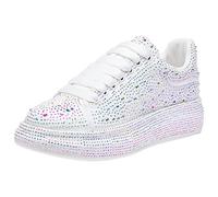 ANUFER Femmes Mode Semelle épaisse Baskets Briller Couleurs Dégradées Strass Lacer Chaussures de Sport Décontractées Blanc SN070629 EU37