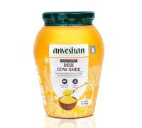 Anveshan Ghee de vache A2 1 L | Bocal en verre | Méthode Bilona | Baratté au lait caillé | Pur, naturel et sain | Testé en laboratoire.