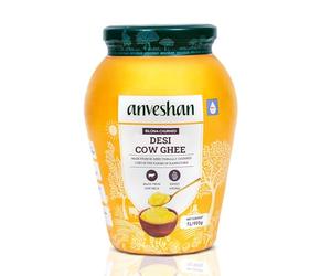 Anveshan Ghee de vache A2 1 L | Bocal en verre | Méthode Bilona | Baratté au lait caillé | Pur, naturel et sain | Testé en laboratoire.