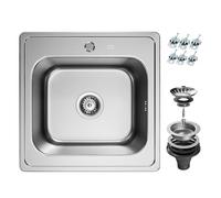 ANW HOME Evier Cuisine 1 Bac, Evier Inox à Encastrer 48x48 cm, Couleur Argent, Finition Anti-Rayures, Épaisseur 1 mm, Profondeur 18 cm, avec Siphon