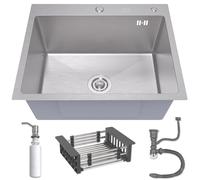 ANW HOME Évier de cuisine 60x50 cm avec siphon, panier égouttoir et distributeur de savon de 350 ml, évier de cuisine en acier inoxydable 304 avec 2 trous pour robinet, évier en acier inoxydable