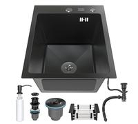 ANW HOME Évier de Cuisine Graphite 40x50 cm avec Siphon, Panier Égouttoir et Distributeur de Savon de 350 ml, Évier de Cuisine en Acier Inoxydable 304 avec 2 Trous Pour Robinet