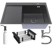 ANW HOME Évier de Cuisine Graphite 78x50 cm avec Egouttoir, Bonde à Panier & Distributeur de Savon 350 ml, Évier en Acier Inoxydable 304 avec 2 Trous de Robinet et Siphon
