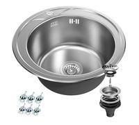 ANW HOME Évier de cuisine rond Ø49 cm - évier inox avec siphon - évier rond encastrable, cuve ronde avec microstructure, design moderne