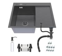 ANW HOME Évier encastrable graphite 63x50 cm avec égouttoir droit - revêtement PVD graphite finition Nano, profondeur 22 cm, rebord 3 mm/inox 1 mm, avec siphon