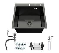 ANW HOME Évier encastrable graphite PVD 50x50 cm - surface Nano, profondeur 22 cm, cuve 450 × 400 mm, rebord 3 mm/inox 1 mm, avec siphon & distributeur de savon