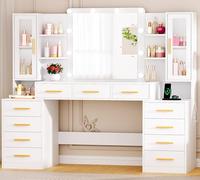 ANWBROAD 160cm Coiffeuse avec Miroir et Éclairage LED Grande Coiffeuse avec Plateau en Verre 11 Tiroirs, Prise de Courant, 6 Étagères, 2 Placards avec Portes, Table de Maquillage Moderne Blanc BDT27W