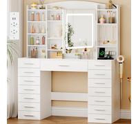 ANWBROAD Coiffeuse avec Miroir et éclairage LED 3 Couleurs,15 Tiroirs, 7 étagères Ouvertes, Grande Coiffeuse avec Plateau en Verre, Prises, pour Chambre Coiffeuses Moderne Blanc BDT39W