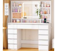 ANWBROAD Coiffeuse avec Miroir LED,Luminosité Réglable, Grande Coiffeuse avec Prise et 11 Tiroirs,Table de Maquillage avec 6 Étagères Ouvertes Organisateur de Bijoux 3 Couleurs Blanc BDT99X
