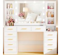 ANWBROAD Coiffeuse Moderne avec Miroir LED, Table de Maquillage avec Plateau en Verre et Prises, Luminosité Réglable, Grande Coiffeuse avec 11 Tiroirs 6 Étagères, Blanche pour Chambre Femme BDT23W