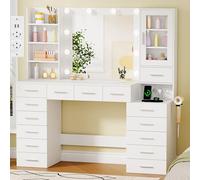 ANWBROAD Grande Coiffeuse avec Éclairage LED, Luminosité Réglable, Coiffeuse avec Miroir et Prises, Table de Maquillage avec 15 Tiroirs et 7 Étagères Ouvertes pour Chambre à Coucher Blanc BDT37W