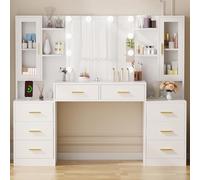 ANWBROAD Grande Coiffeuse avec Miroir Éclairage LED Réglable 3 Couleurs et Prises Blanche Moderne 8 Tiroirs Ouvertes Coiffeuse 150x135x40cm BDT67W