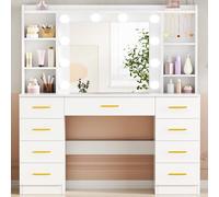 ANWBROAD Grande Coiffeuse avec Miroir et LED Éclairage, 3 Couleurs, Luminosité Réglable Table de Maquillage avec 9 Tiroirs et 6 Étagères Ouvertes 5 Crochets, Moderne Coiffeuse Blanc BDT89W