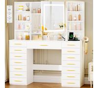 ANWBROAD Grande Coiffeuse avec Miroir et Lumière LED,3 Couleurs Réglables,Multiprise Plateau en Verre Grande Coiffeuse avec 15 Tiroirs 9 Étagères et 8 Crochets Table de Maquillage Moderne Blanc BDT25W