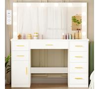 ANWBROAD Grande Coiffeuse avec Miroir et Prise, Éclairage LED Réglable,Table de Maquillage avec 7 Tiroirs Coiffeuse Moderne avec Grand Espace de Rangement Blanc 110x140x40cm BDT83W