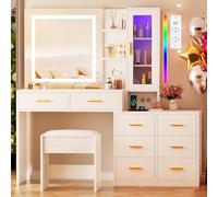 ANWBROAD Grande Coiffeuse avec Miroir et Tabouret 3 Couleurs Éclairage LED réglables et Prises 8 Tiroirs 3 Étagères Rangement Ouvertes RGB Coiffeuse Moderne Blanc 140x131x40cm BDT77W