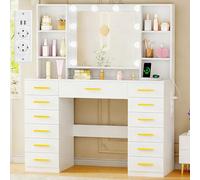 ANWBROAD Grande Coiffeuse avec Miroir LED,Luminosité Réglable,3 Couleurs,Coiffeuse avec Plateau en Verre et Prise,Table de Maquillage avec 13 Tiroirs,7 Étagères Ouvertes,Moderne Blanc BDT19W