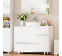 ANWBROAD Meuble de Salle de Bain, 4 Tiroirs, 2 Portes, Grand Espace de Rangement, Lavabo avec Pieds, Dimensions 90 x 30 x 64,5 cm, Blanc SSC002W