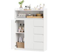 ANWBROAD Meuble Salle de Bain, Armoire sur Pied Haute avec Étagère Réglable à 5 Niveaux, Meuble de Rangement avec 4 Tiroirs, 2 Portes, Commode, pour Salon, Salle de Bain, 110x80x30cm Blanc SBC015W