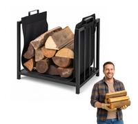 Anwicar Range Buche en Acier avec Housse de Transport 50x50x37 cm - Stable et Compact Porte Buche usage Intérieur et Extérieur - Panier à Bûches Bois de Cheminée - Noir