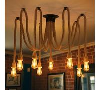 ANWIO Cable Suspension Luminaire, Lampe Suspendue 8 Corde, E27 Lustre Industriel en Corde de Chanvre Naturel, Éclairage de Plafond Salon, Loft, Chambre, Salle à manger