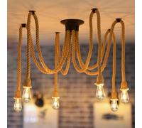 ANWIO Lustre Suspention à 6 Têtes, Plafonnier Led Suspendu, Lampe Araignée DIY, Abat-jour rn Rotin pour Chambre à Coucher, Luminaire Industriel, Lustre en Forme d'Araignée, Eclairage Loft（1PCS）