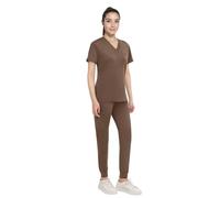 Anwrtuk Ensemble de Blouses pour Femmes, Uniforme médical, Haut de Gommage Extensible à col en V et Pantalon de Jogging avec Ceinture, Multi-Poches (Marron café, S)